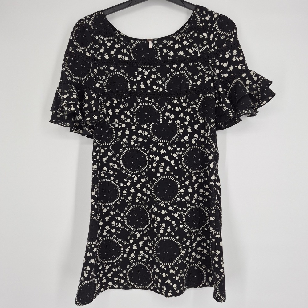 Free People Geo Garden Mini Dress Black White Floral Ruffle Sleeve Boho Tunic‎ 6